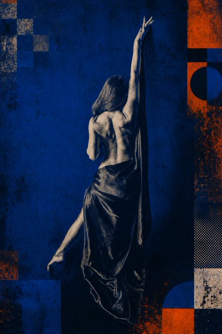 A graceful figure draped in flowing fabric reaches upward, her back exposed against a deep blue textured background accented with bold orange geometric shapes and halftone patterns. The artwork, titled "Dancing with blue shadow," captures a sense of elegant movement and solitude as the dancer's shadow merges with the rich blue canvas behind her.