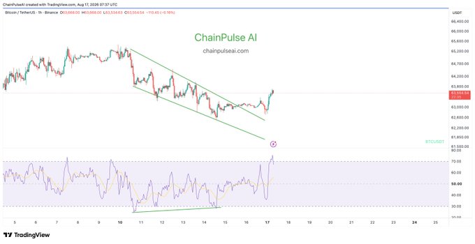 A TradingView chart of Bitcoin/US Dollar on Binance from ChainPulseAI dated August 17, 2024, showing BTC at $63,665.03, with candlestick patterns and an RSI indicator displaying values around 59.60.