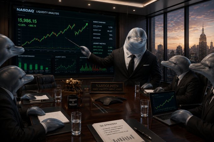 An AI-generated image depicting dolphins in business suits in a corporate boardroom, with one pointing at a NASDAQ 'Liquidity Analysis' chart showing 15,986.15 (+2.35%, +366.18) and other financial metrics, with the New York City skyline at sunset in the background.