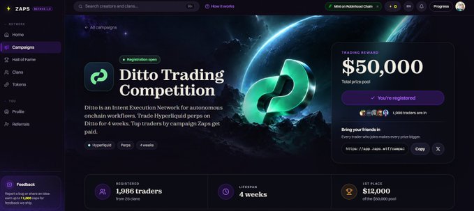 A screenshot of the ZAPS Beta Lab platform showing a 'Ditto Trading Competition' campaign page with a $50,000 trading reward prize pool, currently showing 1,906 registered traders and a 4-week lifespan.