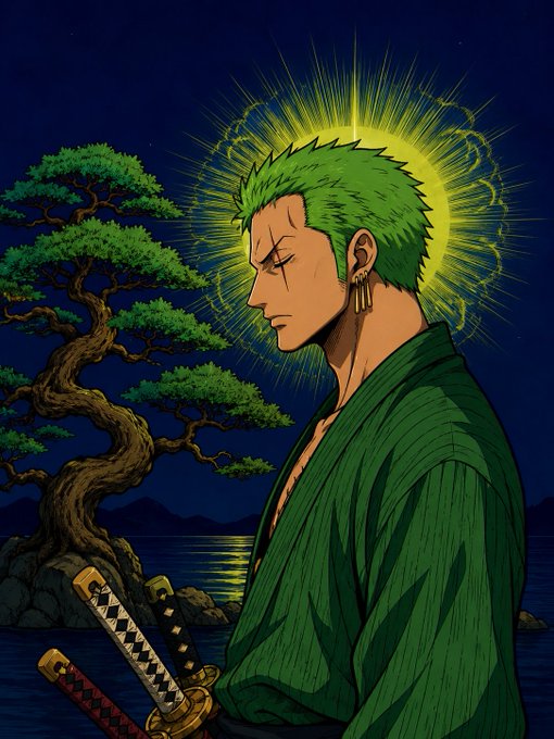 An anime-style illustration of a green-haired man in a green kimono with a glowing sun-like halo behind him, standing near a bonsai tree and water with two swords at his side.