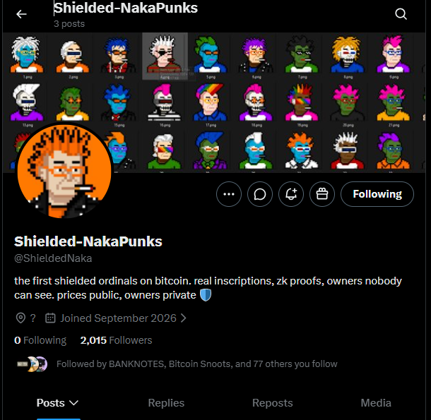 A social media profile for '@ShieldedNaka' titled 'Shielded-NakaPunks' advertises 'the first shielded ordinals on bitcoin. real inscriptions, zk proofs, owners nobody can see. prices public, owners private,' with a pixel-art punk profile picture and banner.