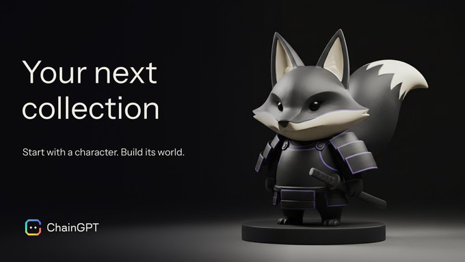 The image shows a 3D-rendered "neon samurai fox" figurine—gray and white fox wearing dark samurai armor with purple accents, standing on a black base—next to the text "Your next collection. Start with a character. Build its world." and the ChainGPT logo. It visually demonstrates the post's claim of generating unique NFT collections like "neon samurai foxes" from simple text prompts using ChainGPT's AI NFT Generator.