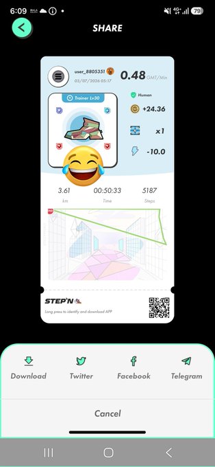 A STEPN app share screen showing a 'Trainer Lv30' NFT sneaker with 0.48 GST/Min earnings, 3.61 km distance, and 5,187 steps, dated 03/07/2026.