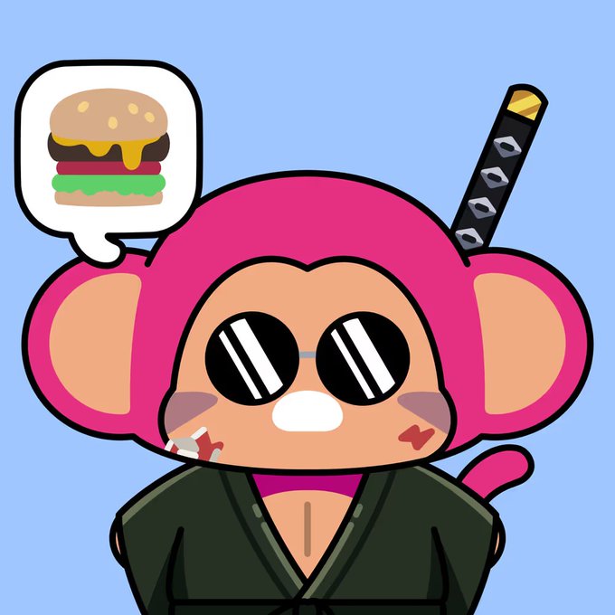 A cartoon illustration of a pink monkey character wearing sunglasses and a green robe with a katana sword on its back, with a thought bubble containing a hamburger, set against a light blue background.