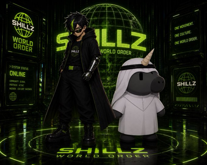 A futuristic promotional image featuring a character with a robotic arm and dark attire next to a cartoon unicorn in traditional Arab clothing, branded 'SHILLZ WORLD ORDER' with text 'ONE MOVEMENT. ONE CULTURE. ONE WORLD ORDER.'