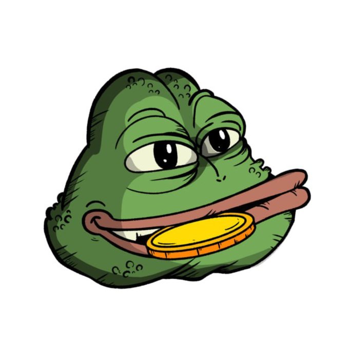 A cartoon illustration of a smug-looking green Pepe frog holding a gold coin in its mouth, fitting the "$FROG" memecoin theme by visually representing the "greedy frog" meme often associated with meme coins like Pepe.