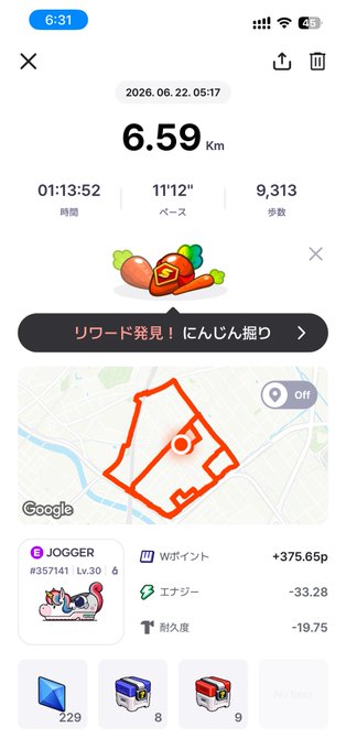 The image shows a phone screen displaying a map of an orange carrot path, with a calorie count for the carrots displayed at the top. The post also includes a list of items that are available for purchase or download.