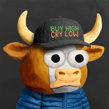 A 3D-rendered cartoon bull character wears a blue puffer jacket and a black cap reading 'BUY HIGH CRY LOW', humorously celebrating crypto losses.