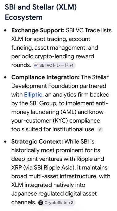 A text article titled 'SBI and Stellar (XLM) Ecosystem' covering Exchange Support (SBI VC Trade listing XLM), Compliance Integration with Elliptic for AML/KYC tools, and Strategic Context mentioning SBI's ties to Ripple/XRP and Japanese digital asset infrastructure.