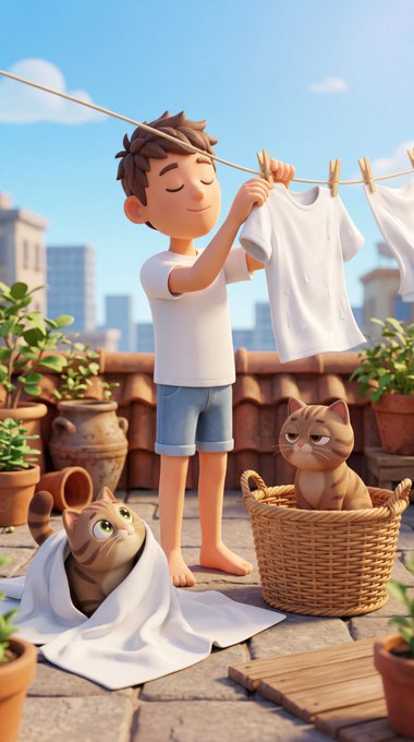 A young boy hangs laundry on a rooftop clothesline while two playful cats lounge nearby, one nestled in a wicker basket and another peeking out from a sheet on the ground.

The cheerful, whimsical illustration adds a lighthearted vibe to the NFT mint schedule, making the list of upcoming drops feel more inviting and fun.