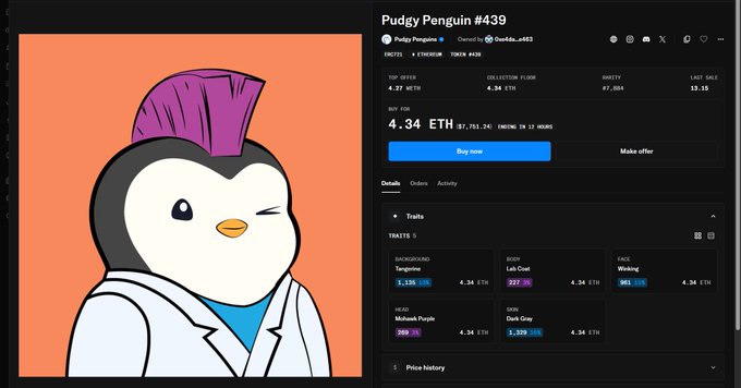 A Pudgy Penguin NFT (#439) is shown listed for sale at 4.34 ETH (~$17,751.24), with the character featuring traits like Mohawk Purple hair, Lab Coat body, and Winking face. The image illustrates the post's point about the dramatic decline in NFT values from the collection's $2.5 billion peak to its current much lower market worth.