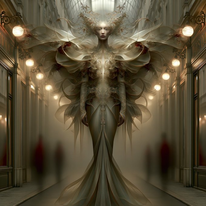 An elegant fantasy digital artwork of a pale figure in a flowing gown with elaborate, wing-like translucent structures, standing in a grand lit hallway.