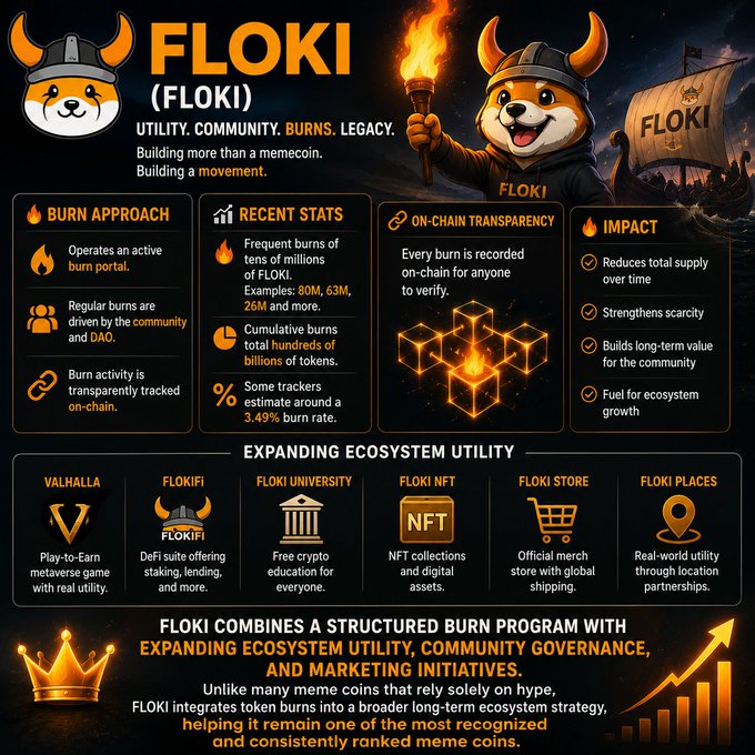 An infographic for the $FLOKI cryptocurrency detailing its burn program (with tens of millions of tokens burned, including examples of 80M, 63M, and 26M, achieving approximately 3.49% burn rates) and expanding ecosystem utilities like Valhalla, FlokiFi, Floki University, NFT, Floki Store, and Floki Places. The visual supports the post's message by illustrating how FLOKI's structured token burns, community governance, and diverse utility platforms differentiate it from typical hype-driven meme coins.