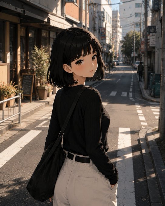 An anime-style illustration of a young woman with short black hair wearing a black long-sleeved top and light-colored pants, looking back over her shoulder while standing on a city street crosswalk.