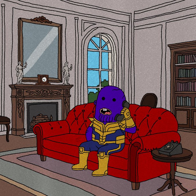 An illustration of a cartoon Thanos in a yellow and blue suit sitting on a red couch in an elegant room, talking on a black rotary telephone.