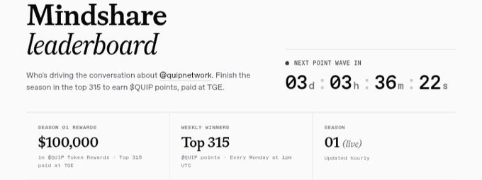 A 'Mindshare leaderboard' webpage showing information about @quipnetwork, with a $100,000 season 01 reward and a countdown timer of 03 days, 03 hours, 36 minutes, 22 seconds.