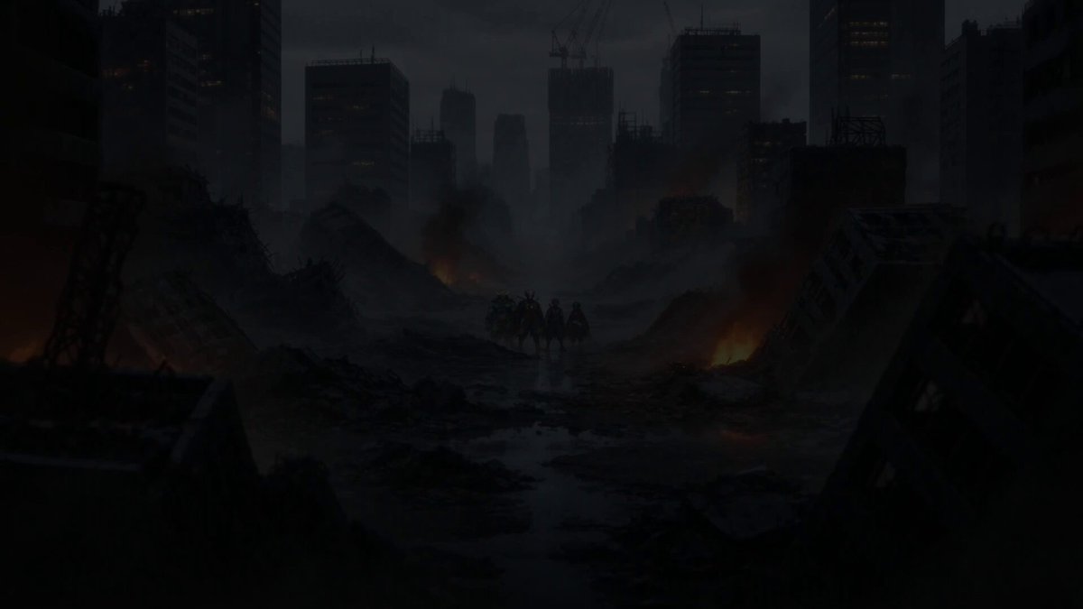 The image features a dark cityscape with three people standing near a river, possibly facing an impending disaster or danger. The city appears to be in ruins, with buildings engulfed by flames. The sky above them is black, adding to the ominous atmosphere of the scene. The text "Good Morning It's a good day for @yugen_gg Today on @opensea 700 Pieces at 0.022 ETH each Holding my Key for the AirDrop and I also got a few GTDs through giveaways Going to max mint my allocation Are you minting !?" is present, suggesting that this image might be related to an online post or social media account discussing the current situation in the city.