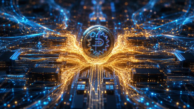 A digital art image featuring a glowing cryptocurrency-style coin with circuit-like patterns emanating from it in orange and blue tones.