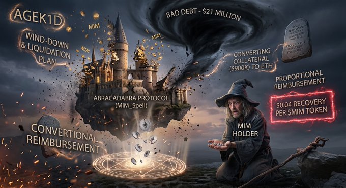 An infographic about a crypto wind-down plan labeled 'AGEK1D', detailing a 'Bad Debt - $21 Million' issue, a 'Conventional Reimbursement', and an 'Abracadabra Protocol (MIM_Spell)' featuring a wizard.