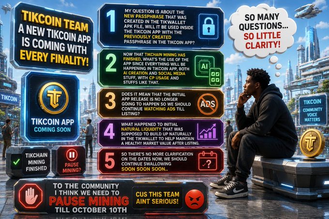 A digital graphic questioning the 'TIKCOIN TEAM' about a new app, listing 5 concerns including the use of an APK file, advertising, market liquidity, and mining timelines.