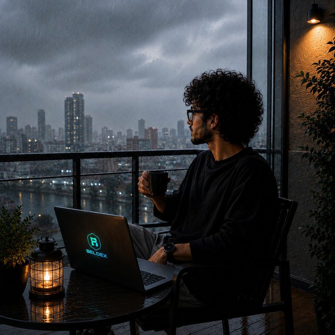 A young man with curly hair and glasses sits on a balcony in the rain, holding a coffee mug while looking at a city skyline, with a laptop displaying the 'BELDEX' logo on the table beside a lantern.