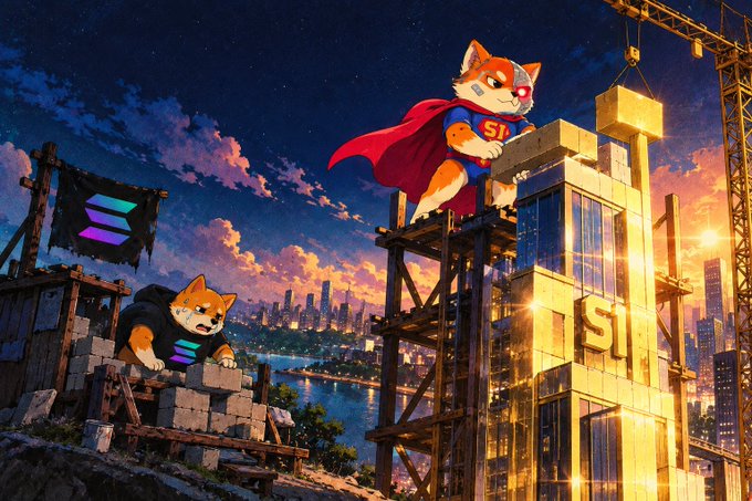 A vibrant digital illustration shows two Shiba Inu dogs styled as superheroes, with one wearing a red cape and an 'SI' emblem perched atop a golden building under construction against a city skyline.