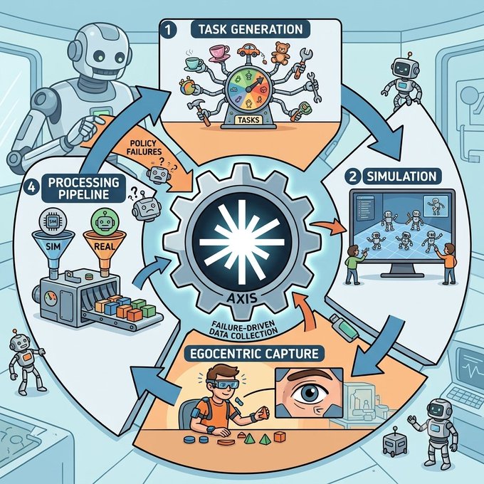 A circular diagram illustrating a four-stage robotics process pipeline labeled 'Task Generation,' 'Simulation,' 'Egocentric Capture,' and 'Processing Pipeline,' all connected around an 'AXIS' gear system.