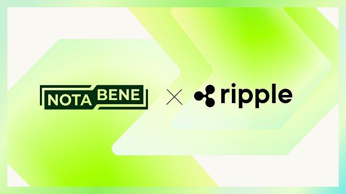 A promotional graphic with a green gradient background featuring the "NOTA BENE" and "ripple" logos separated by an "x," symbolizing Ripple's strategic investment in Nota Bene to integrate RLUSD stablecoin into compliant enterprise transactions.