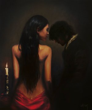 An intimate, candlelit painting depicts a bare-backed woman with long dark hair facing a cloaked figure whose head is bowed near her, bathed in moody chiaroscuro lighting. The post explains that this surreal artwork was almost collected a year ago via WhatsApp, and after the original was burned when FD shut down, the artist (Leyla) kindly re-minted it on TL—now giving the physical piece a second life through a mental health initiative.