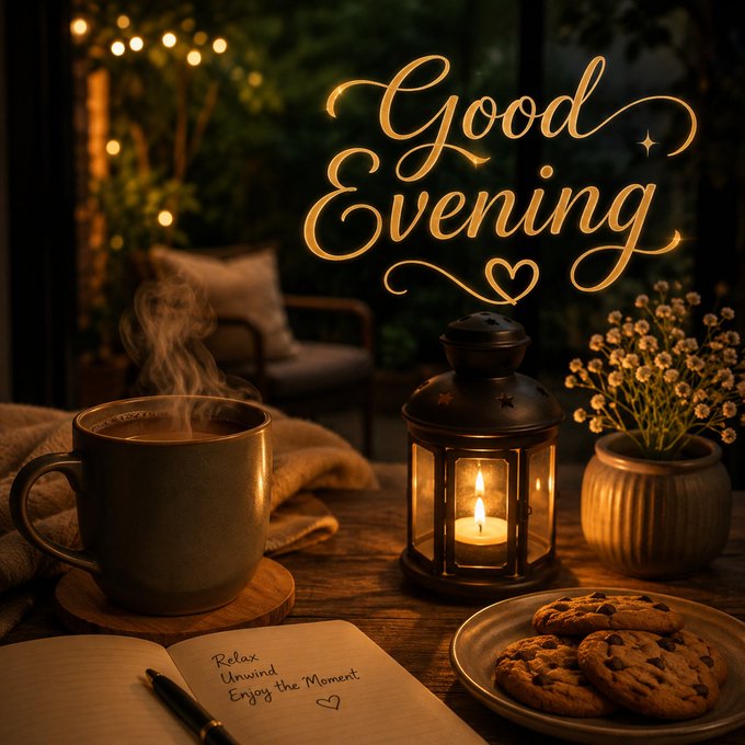 A cozy evening scene featuring a steaming mug of coffee, a lit candle in a lantern, chocolate chip cookies, a vase of flowers, and an open notebook reading 'Relax Unwind Enjoy the Moment,' with the text 'Good Evening' in elegant gold script.