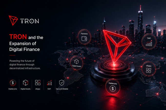 A promotional graphic for TRON blockchain titled 'TRON and the Expansion of Digital Finance,' featuring a red Tron logo hologram against a dark cityscape with surrounding icons for Stablecoins, Digital Assets, dApps, and DeFi.