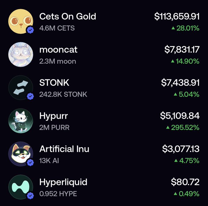 Cryptocurrency price list showing Cets On Gold at $113,659.91 (▲28.01%), mooncat at $7,831.17 (▲14.90%), STONK at $7,438.91 (▲5.04%), Hypurr at $5,109.84 (▲295.52%), Artificial Inu at $3,077.13 (▲4.75%), and Hyperliquid at $80.72 (▲0.49%).