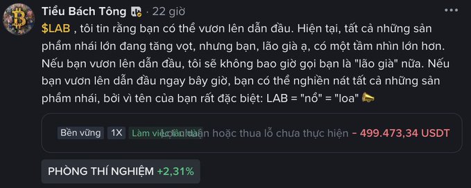 A Facebook post in Vietnamese by 'Tiếu Bách Tông' discussing $LAB cryptocurrency, showing a balance of '-499,473.34 USDT' in red and a 'PHỎNG THÍ NGHIỆM +2,31%' button.