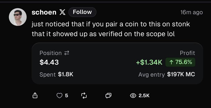 A screenshot of a tweet from user "schoen" posted 16 minutes ago, showing a trading position worth $4.43 with a +$1.34K profit (up 75.6%), spent $1.8K, with an average entry market cap of $197K MC. The accompanying post notes that this lowest pairable coin on stonk with 62% float is easy to short squeeze, and that pairing it makes it appear verified.