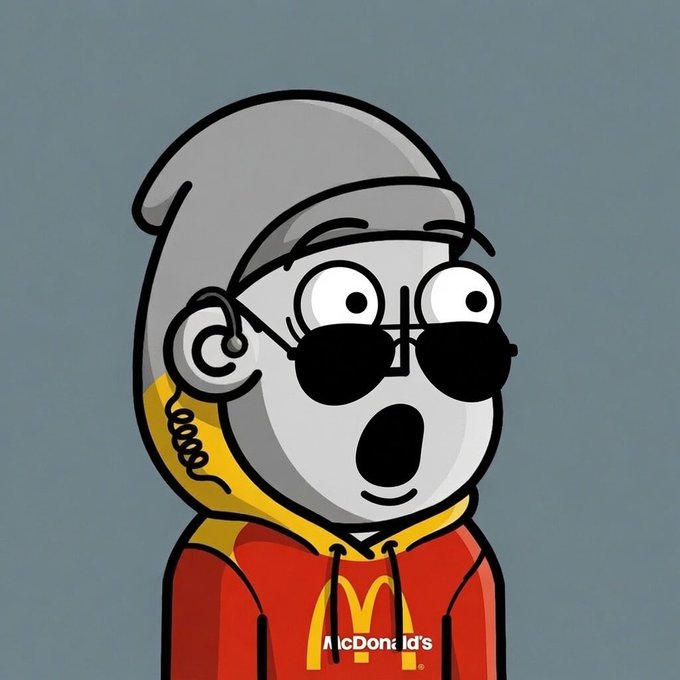 The image features a cartoon character wearing a red hoodie with "Mcdonald's" written across the front, and sunglasses. The character appears to be surprised or shocked by something happening around them. The caption reads, "NPC AGENT ALERT Another major sale has just been recorded. NPC #9007 has officially sold for 1.99 ETH, marking one of the most significant transactions observed during the current NPC expansion phase." This post is about a recent sale at the NPC store and highlights the character's reaction to it.