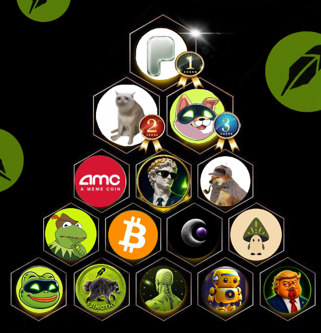 A pyramid arrangement of cryptocurrency logos and meme tokens including AMC, Bitcoin, and various animal-themed coins, with the PYTH logo at the top.