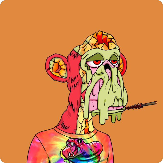 Colorful cartoon illustration of a grotesque red and green monkey-like character smoking a spiked cigar, wearing a tie-dye shirt with a dinosaur graphic.