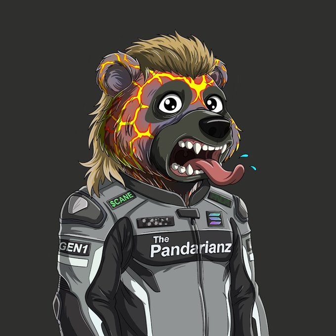 A digital illustration shows a crazed bear with a mohawk, glowing orange cracks, and a lolling tongue, dressed in a gray racing suit labeled 'The Pandarianz' with 'SCANE' and 'GEN1' patches.