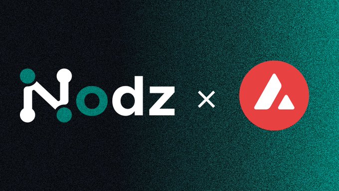 A promotional graphic displays the "Nodz" logo next to an "x" and the red AVAX triangular logo on a dark green background.