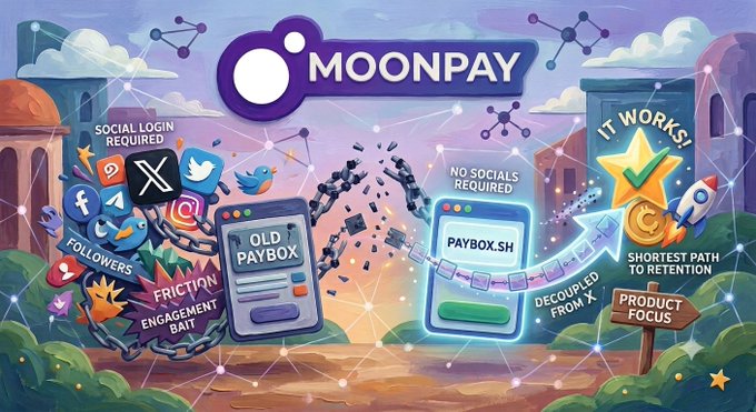 A promotional graphic for 'MOONPAY' comparing an 'OLD PAYBOX' that requires social logins and follower engagement to a new 'PAYBOX.SH' that has 'no socials required' and is 'decoupled from X'.