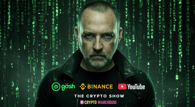 A promotional graphic for 'The Crypto Show' featuring a man against a green digital matrix background, with logos for Gosh, Binance, YouTube, and Crypto Warehouse.
