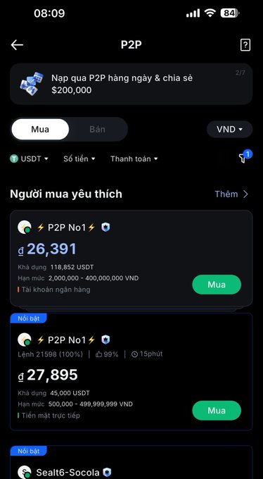 A smartphone screenshot of a P2P cryptocurrency trading app in Vietnamese, showing USDT exchange rates of 26,391 and 27,895 VND with 'Mua' (Buy) options.