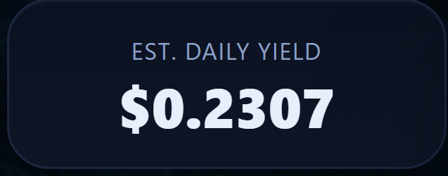 A dark blue display panel showing 'EST. DAILY YIELD' in blue text with a value of '$0.2307' in large white numerals.