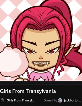 A digital avatar/chibi-style character with pink hair in a ponytail, pointed ears, and a wide fanged grin, holding cotton candy, labeled 'Girls From Transylvania' from jackburto_...