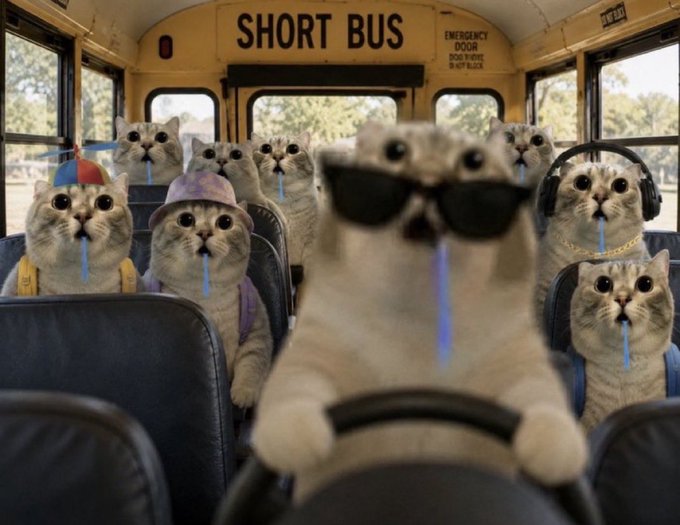 A surreal AI-generated image of multiple cats sitting on a yellow school bus labeled 'SHORT BUS,' with one cat in sunglasses in the driver's seat and others wearing hats, headphones, and backpacks.