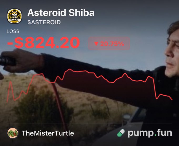The image shows a "Asteroid Shiba" ($ASTEROID) crypto token loss of -$824.20, with a -20.75% drop displayed over a scene of a man in a field with a dramatic red declining chart line, humorously connecting to the post about "bnb chain ruined my life" by visualizing the financial devastation from trading on the BNB chain. The user "TheMisterTurtle" and pump.fun platform branding are visible at the bottom.
