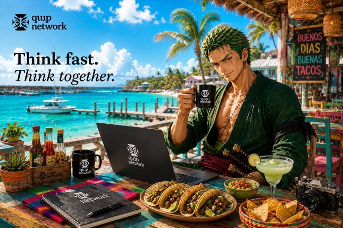 An anime-style advertisement for 'quip network' featuring the character Roronoa Zoro holding a coffee mug while sitting at a tropical cafe table with a laptop displaying the same logo, surrounded by tacos, a margarita, and the tagline 'Think fast. Think together.'