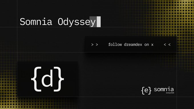 A promotional graphic for "Somnia Odyssey" featuring a dark background with a yellow pixelated gradient pattern, displaying the {d} dreamex logo and branding, along with a call-to-action reading ">> follow dreamex on x <<" — visually representing the dreamex protocol within the Somnia ecosystem as mentioned in the post about ongoing Odyssey quests and the public launch of dreamex Spot's fee-free, onchain order book.