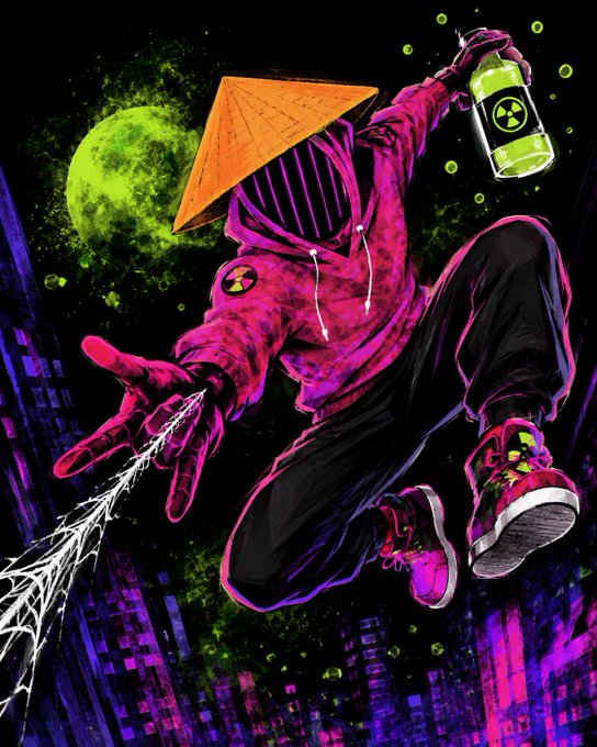 A stylized digital artwork of a hooded figure wearing a pink/magenta hoodie and black pants, with a yellow pyramid-shaped mask, holding a green radioactive canister while leaping against a dark cityscape background with a green moon.